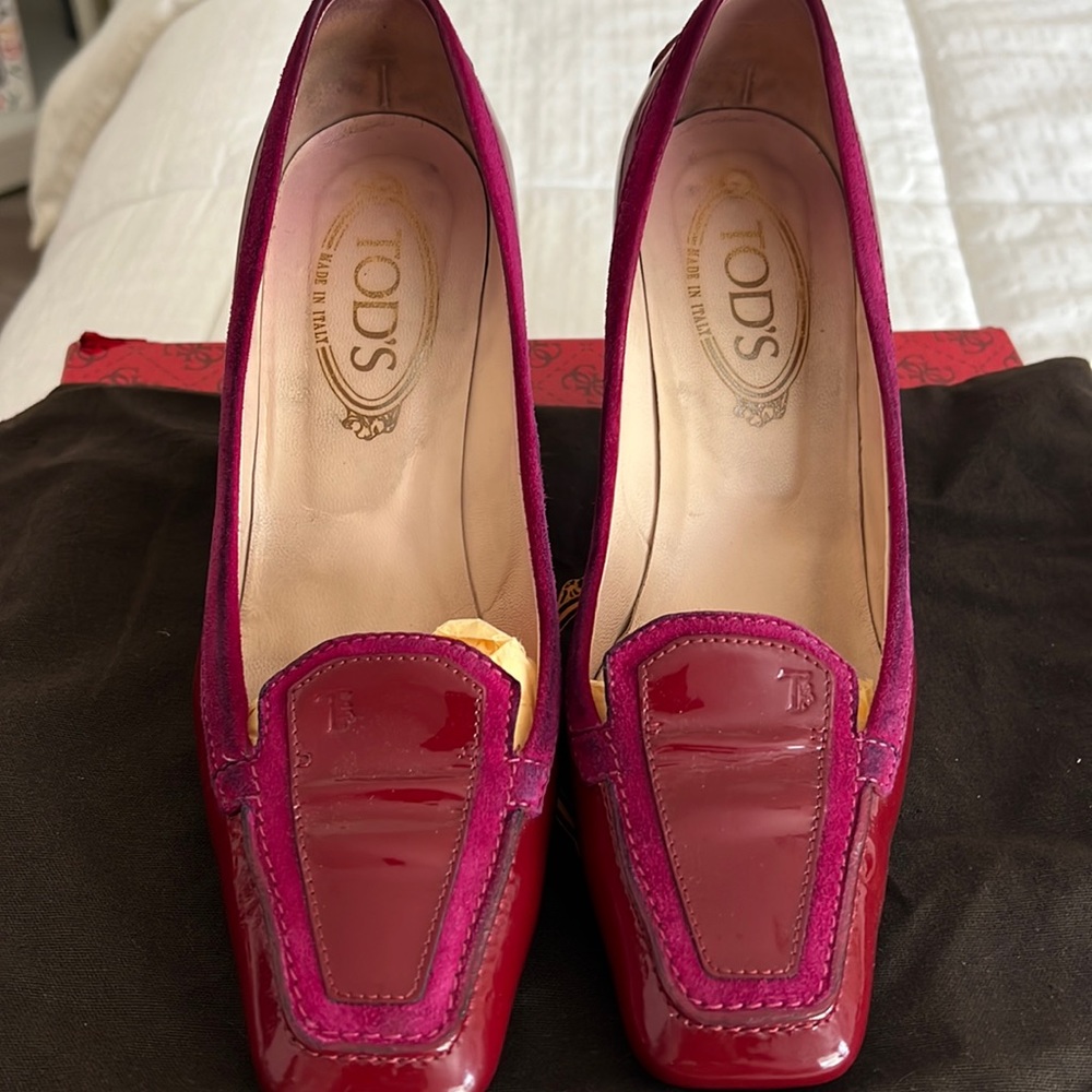 Tods red patent and suede